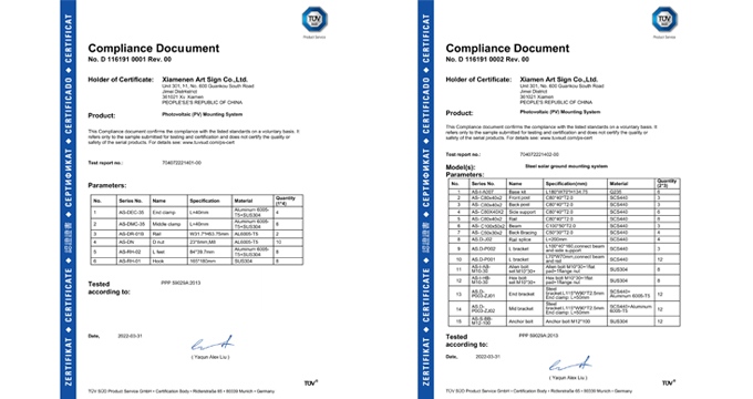 El sistema de montaje solar ART SIGN ha sido verificado con la certificación TUV.
